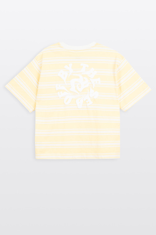 T-shirt CROPPED w biało-żółte paski z autorską grafika z tyłu