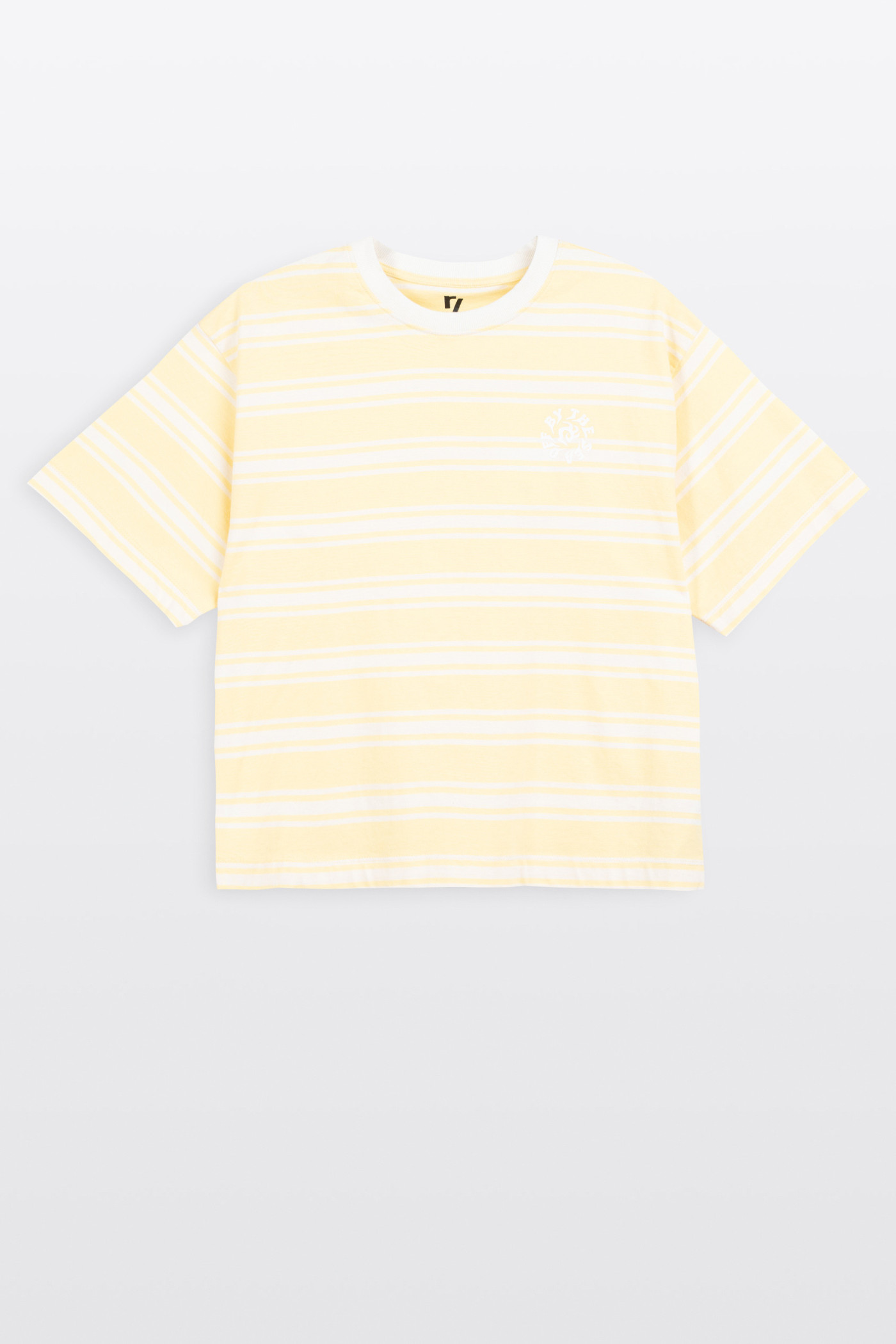 T-shirt CROPPED w biało-żółte paski z autorską grafika z tyłu