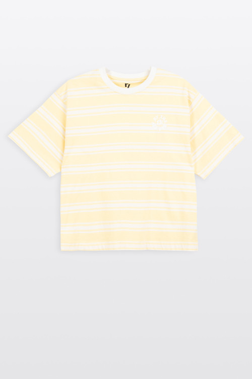 T-shirt CROPPED w biało-żółte paski z autorską grafika z tyłu