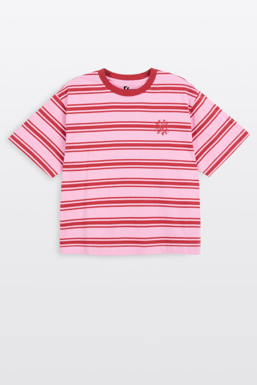 T-shirt CROPPED w czerwono-różowe paski z autorską grafika z tyłu