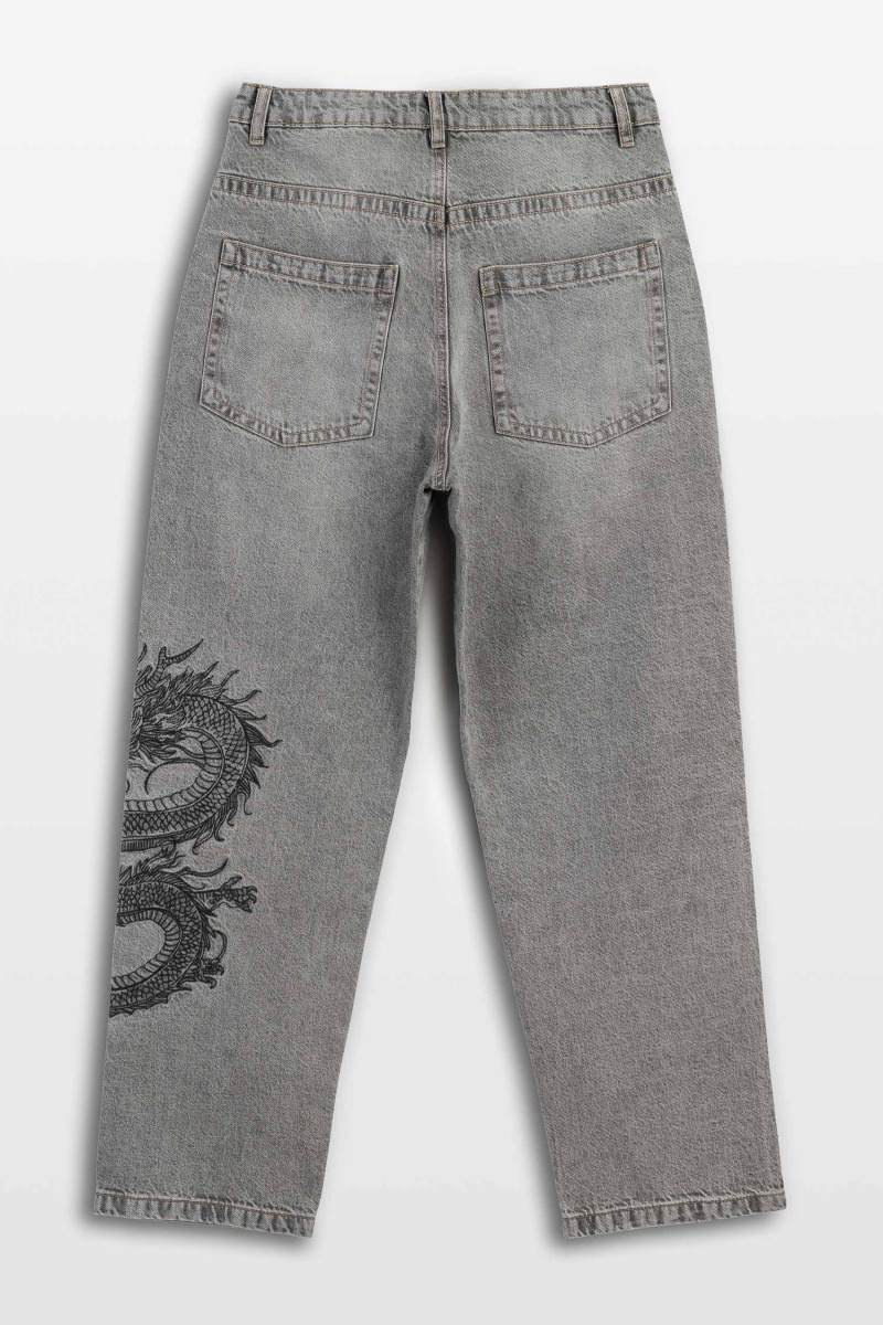 Szare spodnie jeansowe BAGGY z haftem na nogawce