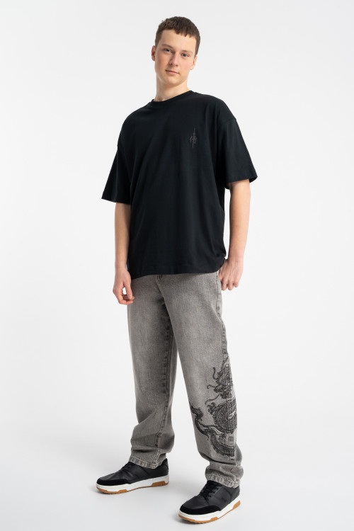 Szare spodnie jeansowe BAGGY z haftem na nogawce