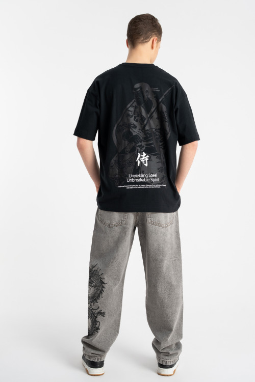 Szare spodnie jeansowe BAGGY z haftem na nogawce