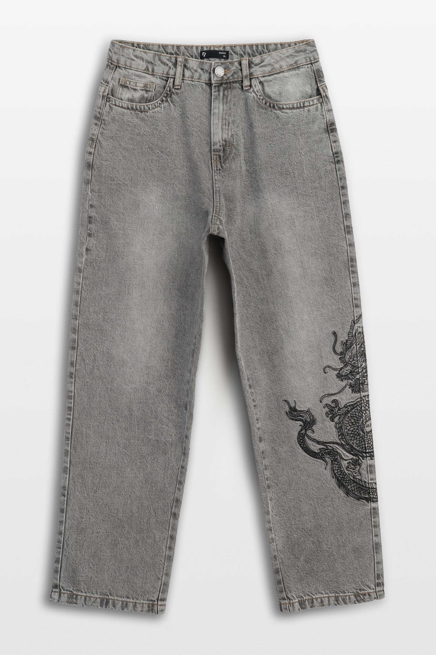Szare spodnie jeansowe BAGGY z haftem na nogawce