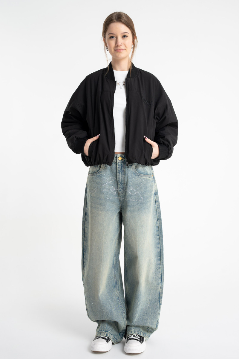 Niebieskie spodnie jeansowe BAGGY ozdobione kryształkami, jeans