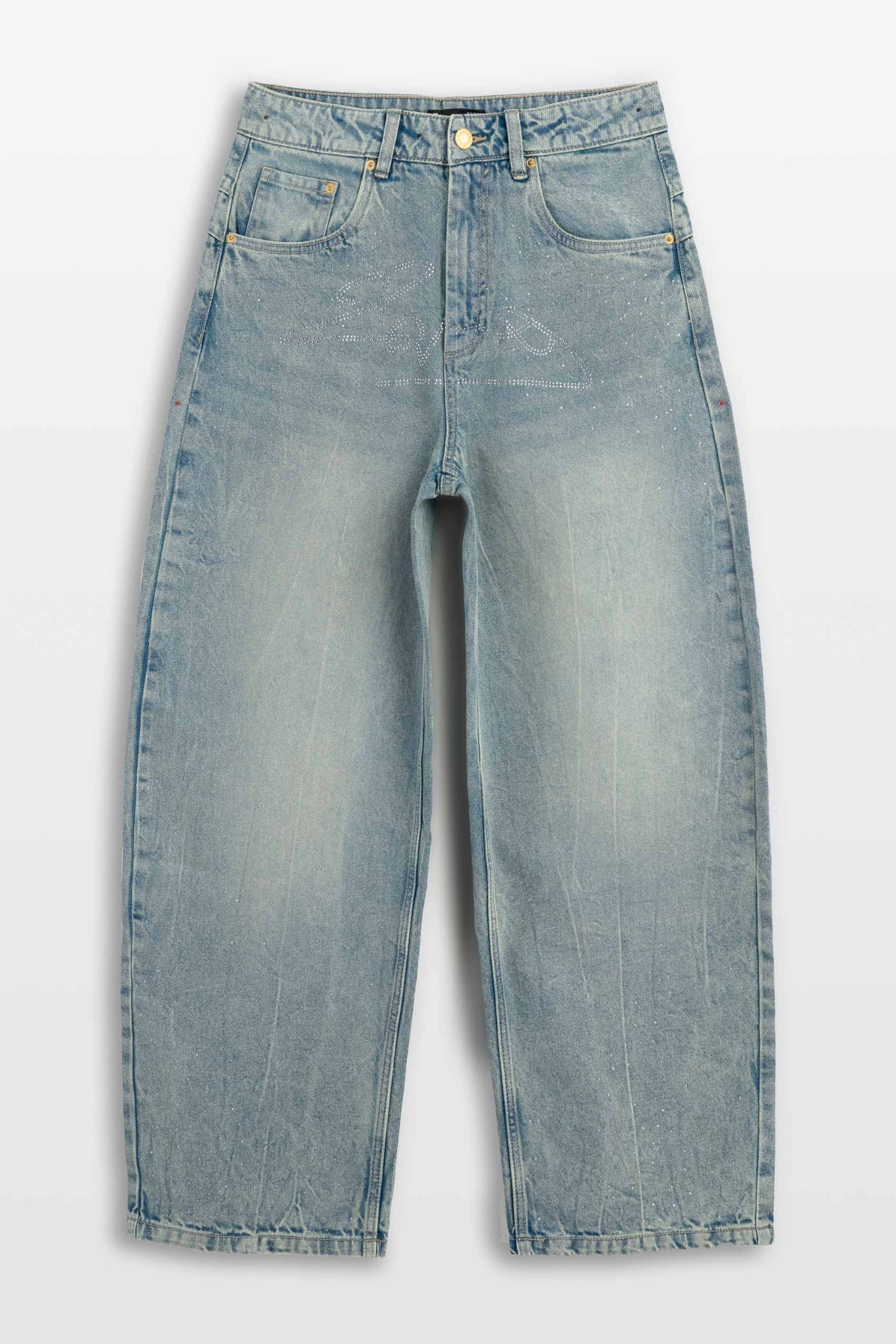 Niebieskie spodnie jeansowe BAGGY ozdobione kryształkami