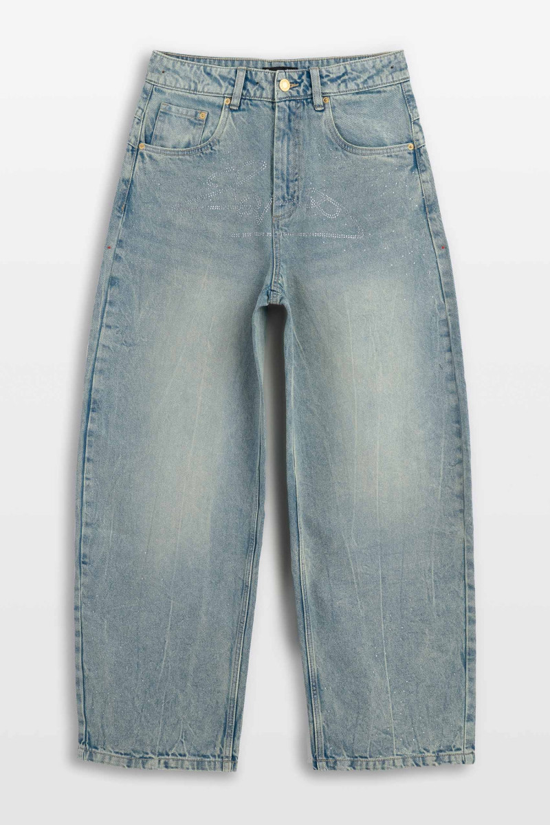 Niebieskie spodnie jeansowe BAGGY ozdobione kryształkami