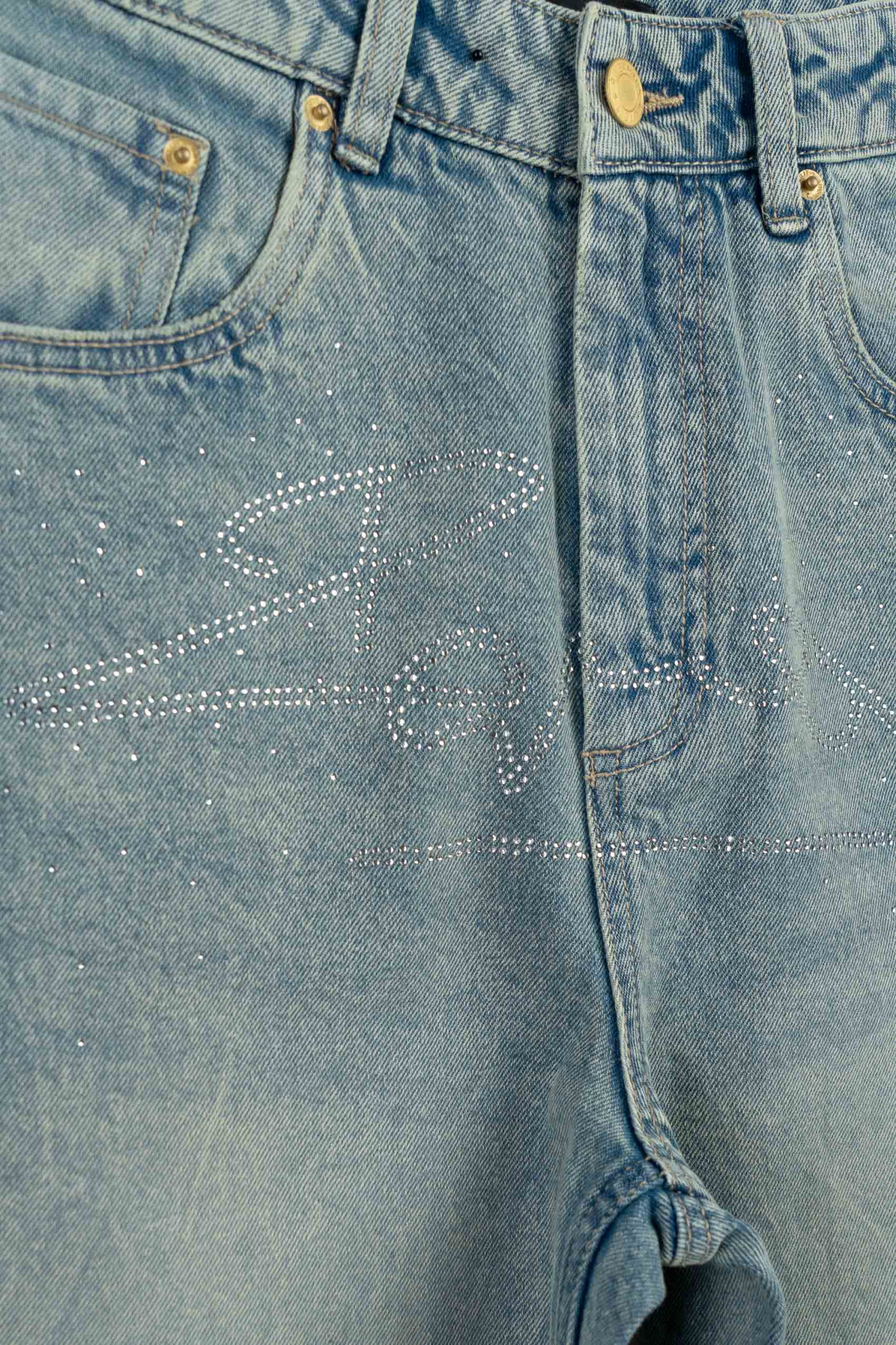 Niebieskie spodnie jeansowe BAGGY ozdobione kryształkami