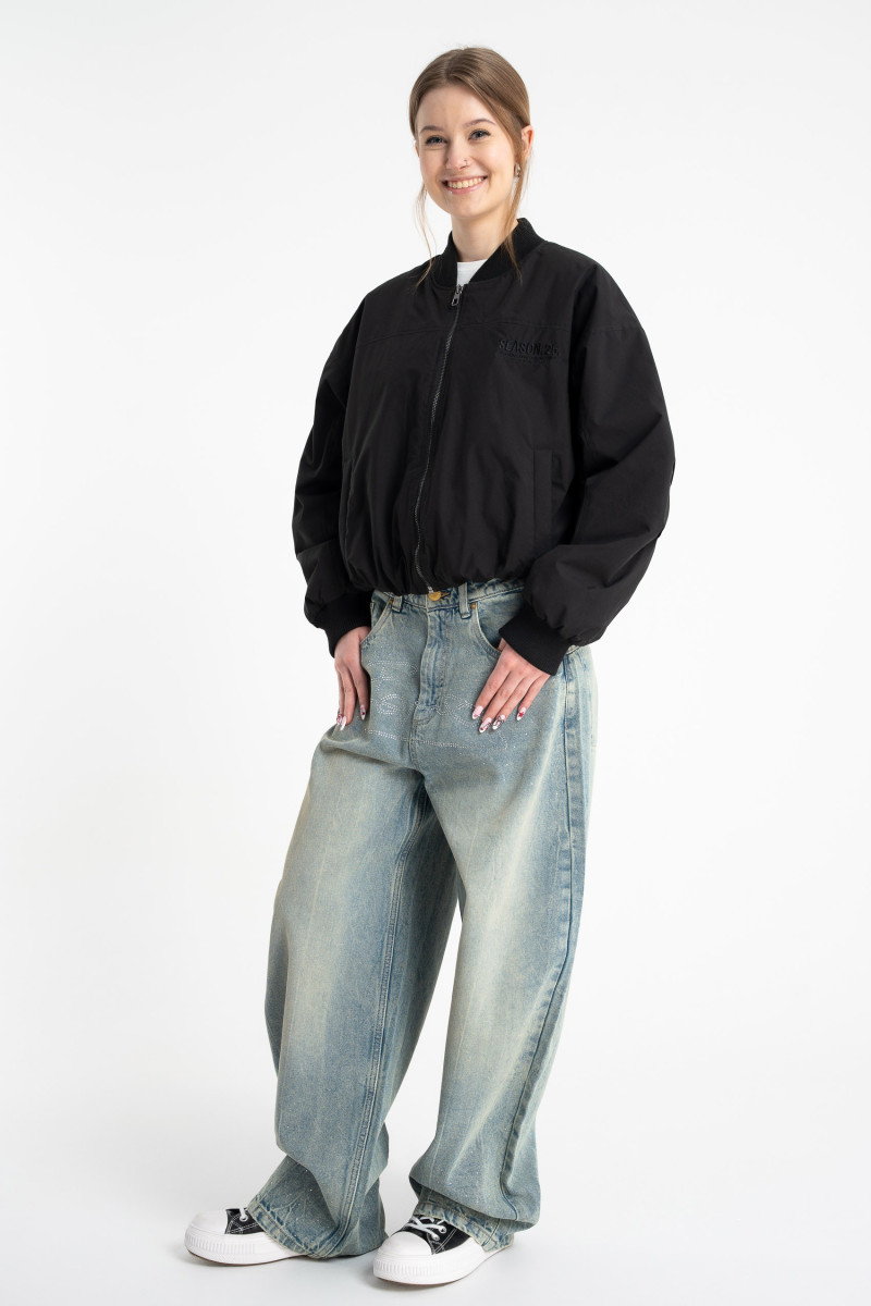 Niebieskie spodnie jeansowe BAGGY ozdobione kryształkami