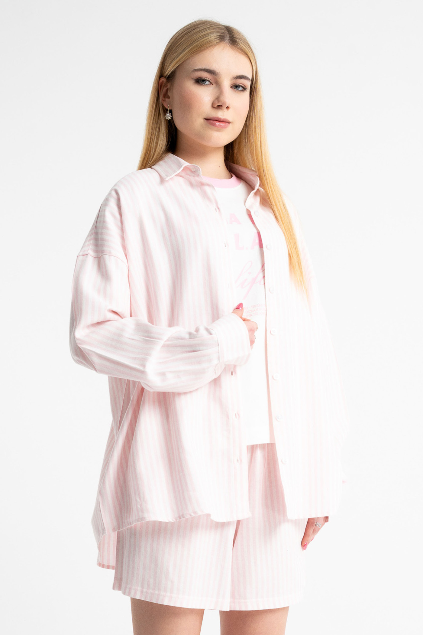 Różowa koszula OVERSIZE w prążki