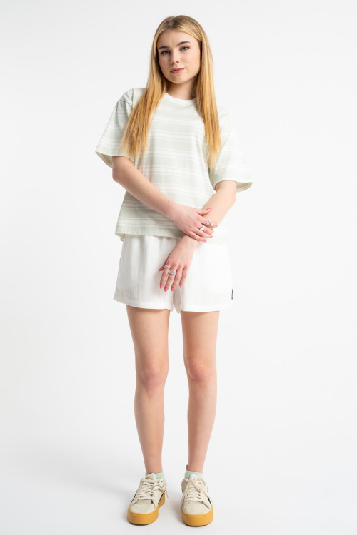 T-shirt CROPPED w biało-zielone paski z autorską grafiką z tyłu