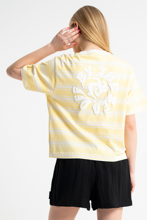 T-shirt CROPPED w biało-żółte paski z autorską grafiką z tyłu