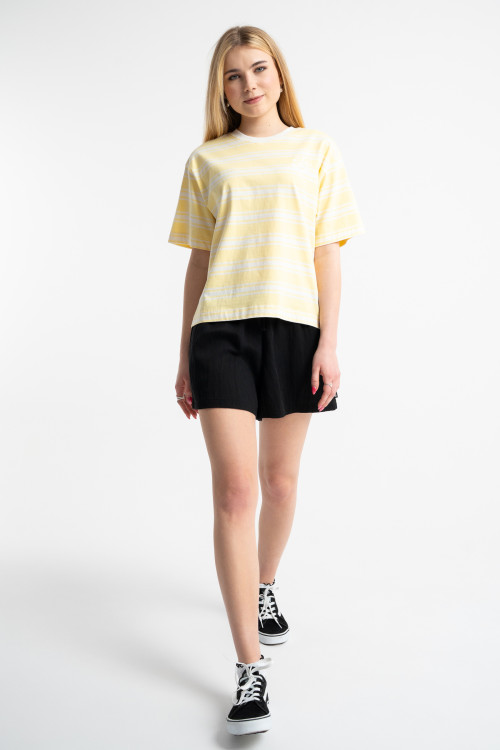 T-shirt CROPPED w biało-żółte paski z autorską grafiką z tyłu