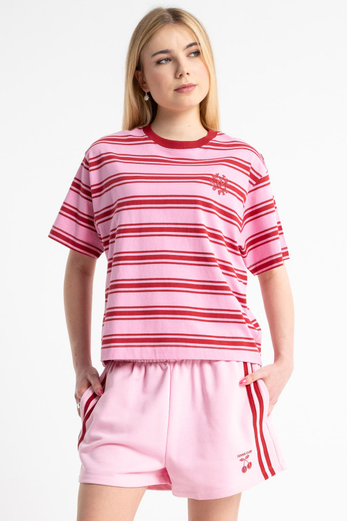 T-shirt CROPPED w czerwono-różowe paski z autorską grafiką z tyłu