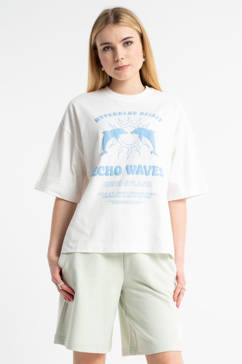 T-shirt dziewczęcy boxy z nadrukiem, biały