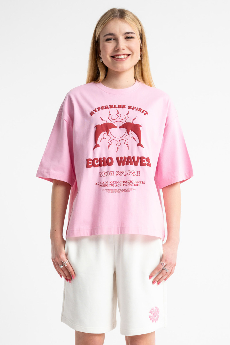 T-shirt dziewczęcy boxy z nadrukiem delfinów, różowy