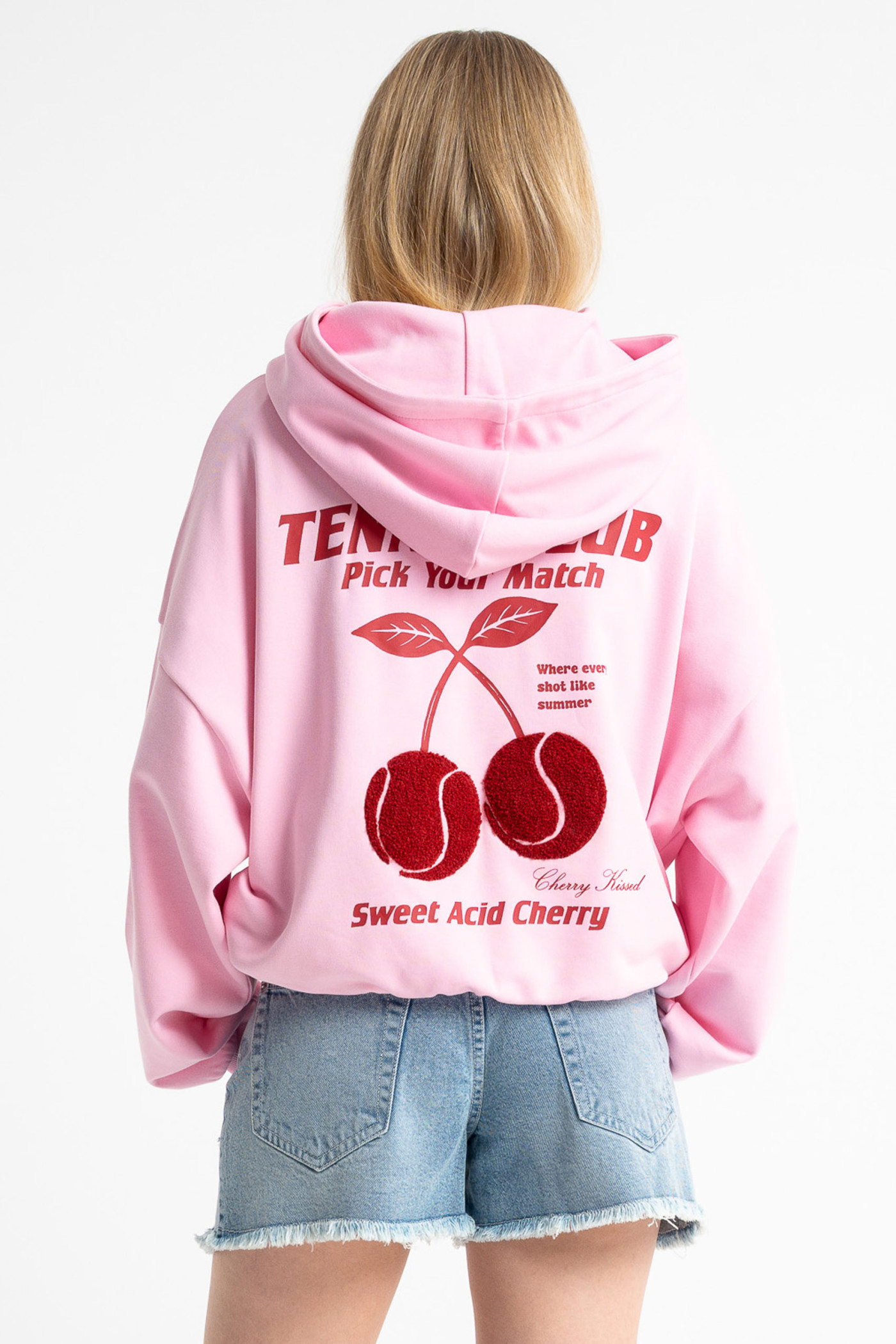 Różowa bluza BOXY z kapturem z autorską grafiką z tyłu