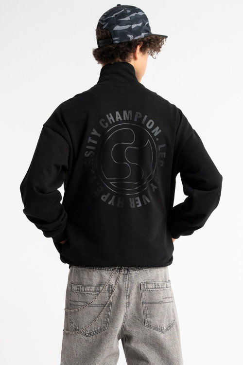 Czarna bluza na stójce z autorską grafiką z tyłu