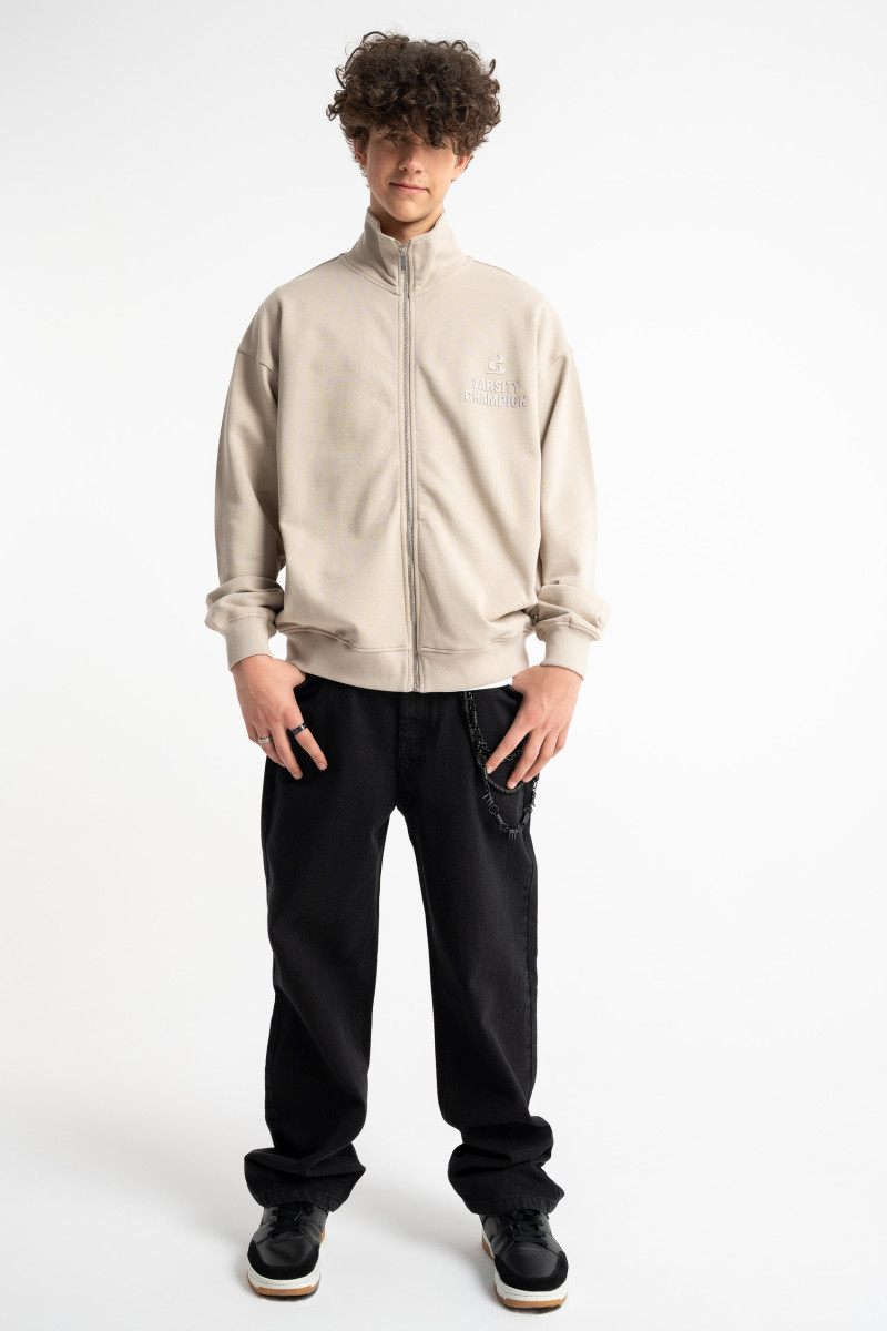 Beżowa bluza na stójce z autorską grafiką z tyłu