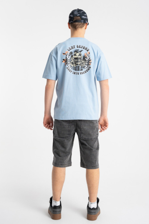 Szare krótkie spodenki jeansowe z modnymi przeszyciami