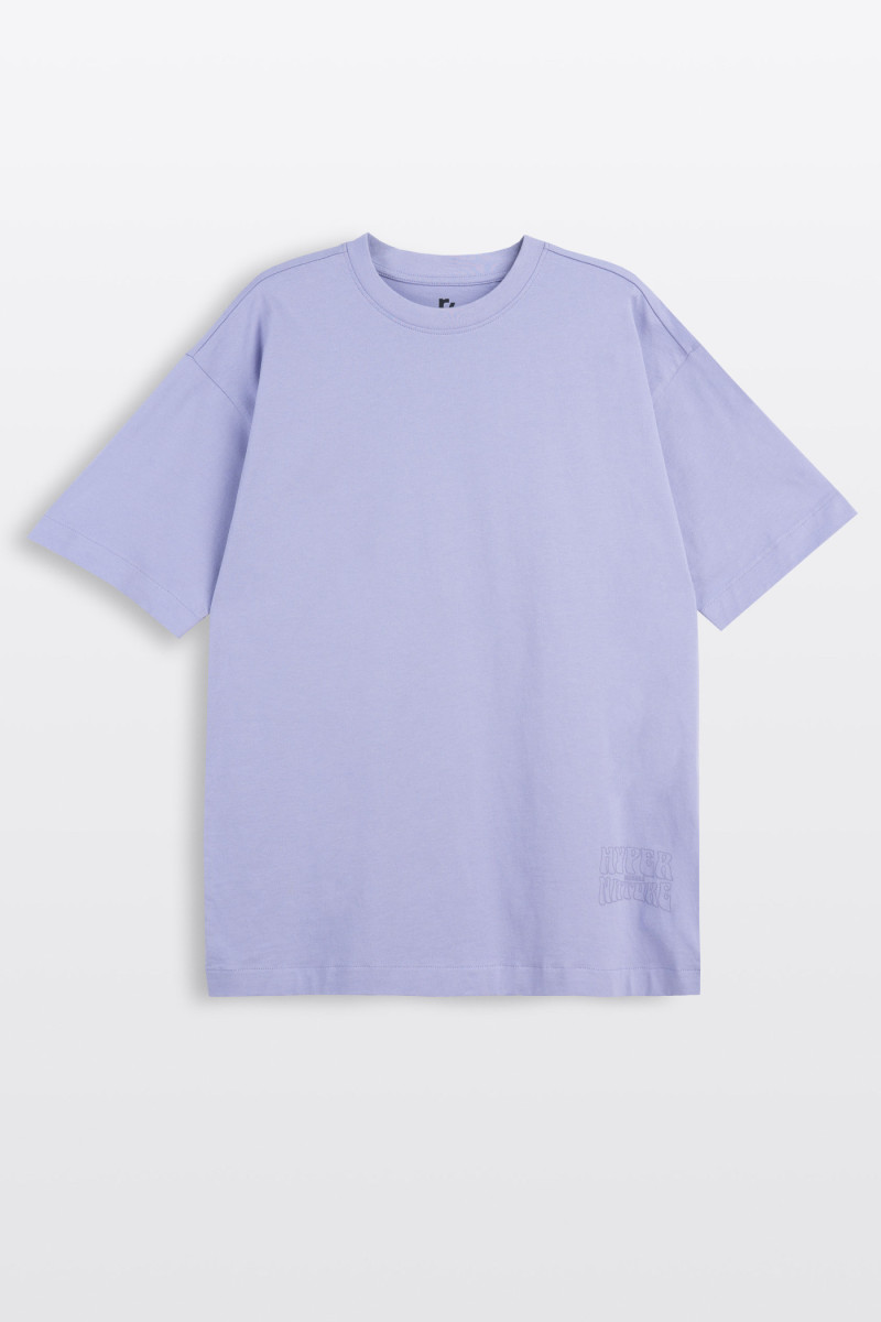 Fioletowy t-shirt LOOSE z autorską grafika z tyłu