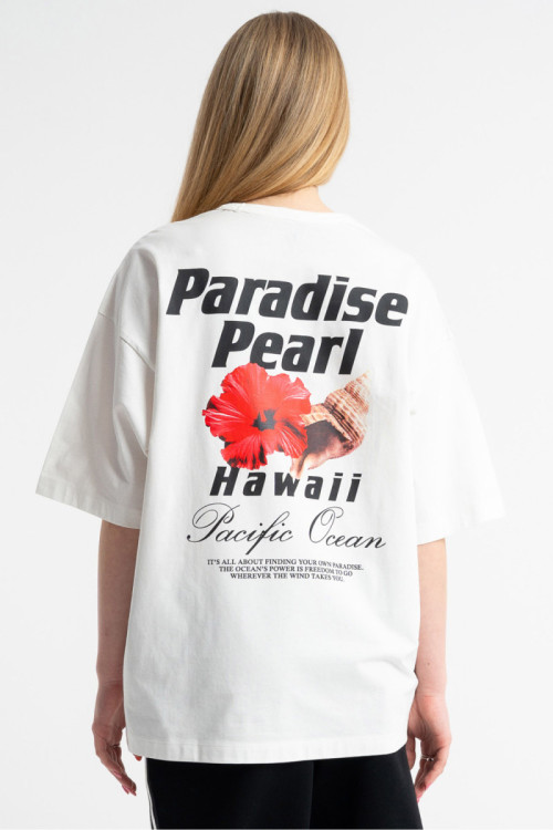 Biały t-shirt OVERSIZE z autorską grafika z tyłu