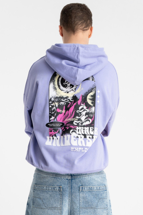 Fioletowa bluza BOXY z kapturem z autorską grafiką z tyłu