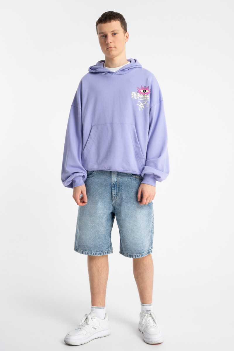 Fioletowa bluza BOXY z kapturem z autorską grafiką z tyłu