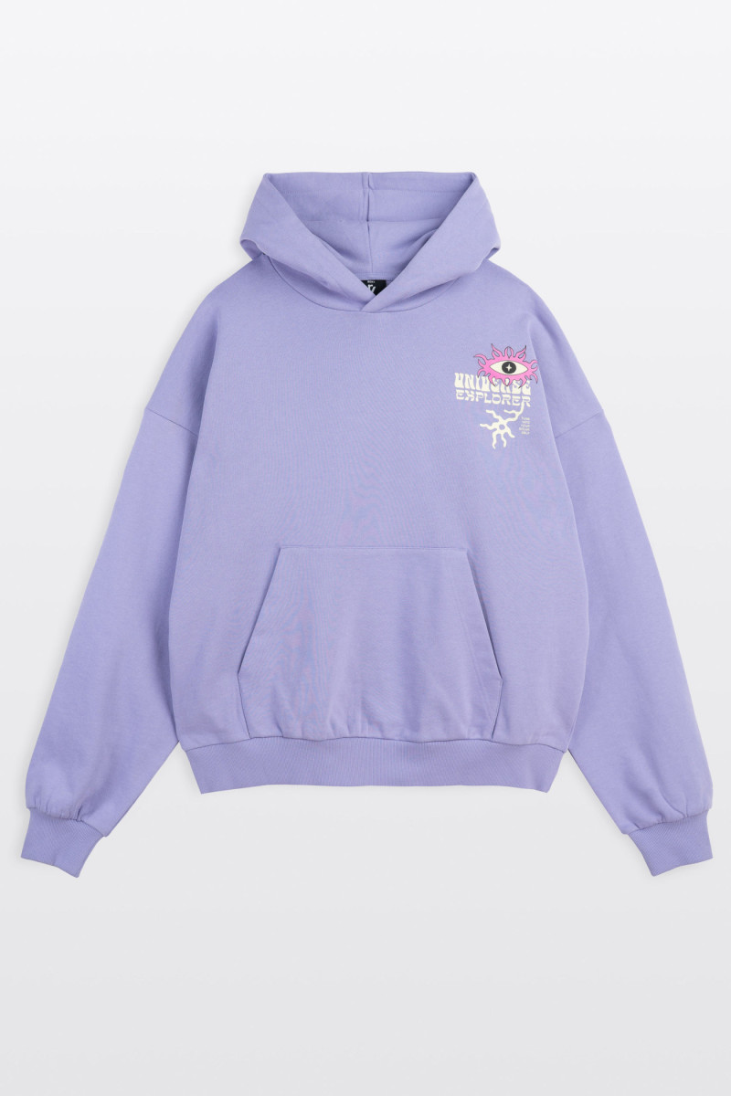 Fioletowa bluza BOXY z kapturem z autorską grafiką z tyłu