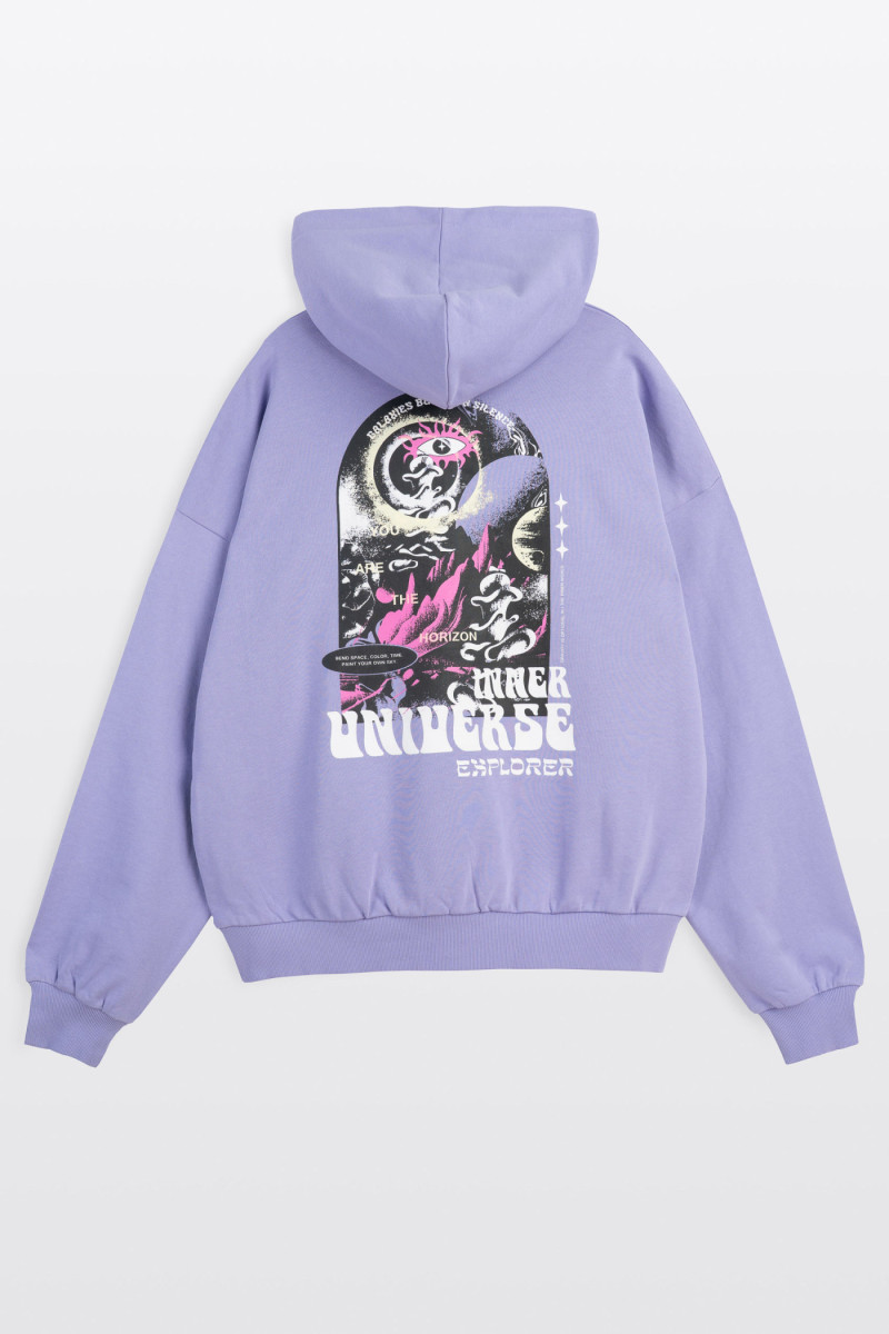 Fioletowa bluza BOXY z kapturem z autorską grafiką z tyłu