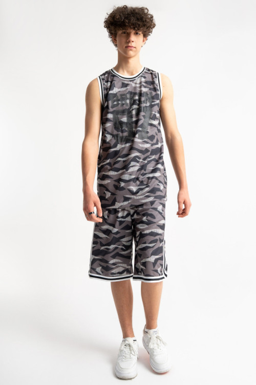 Szare krótkie spodenki z kontrastowymi lampasami z nadrukiem na całości