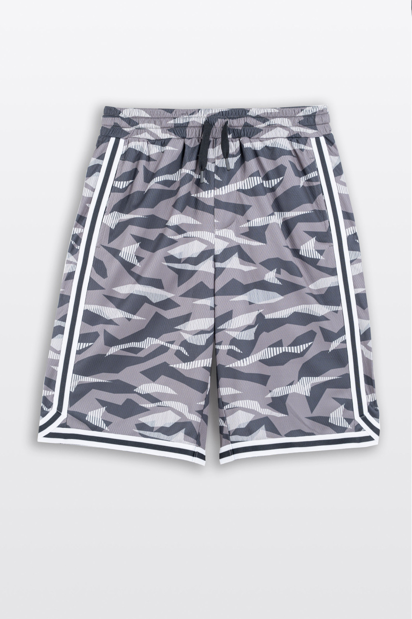 Szare krótkie spodenki z kontrastowymi lampasami z nadrukiem na całości