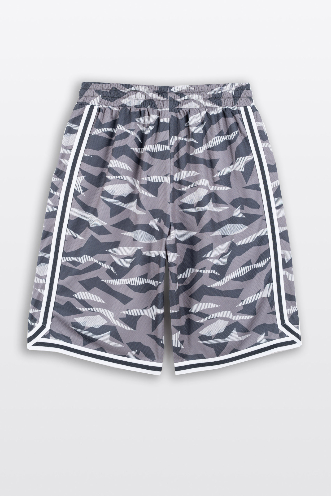 Szare krótkie spodenki z kontrastowymi lampasami z nadrukiem na całości