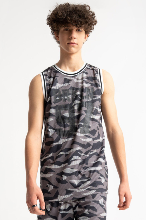 Szary t-shirt bez rękawów w stylu sportowym z nadrukiem na całości