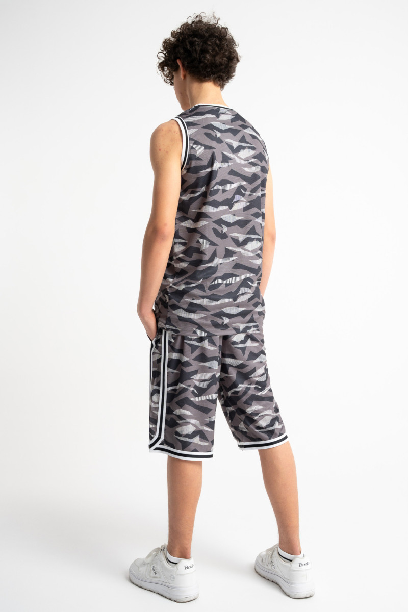 Szary t-shirt bez rękawów w stylu sportowym z nadrukiem na całości