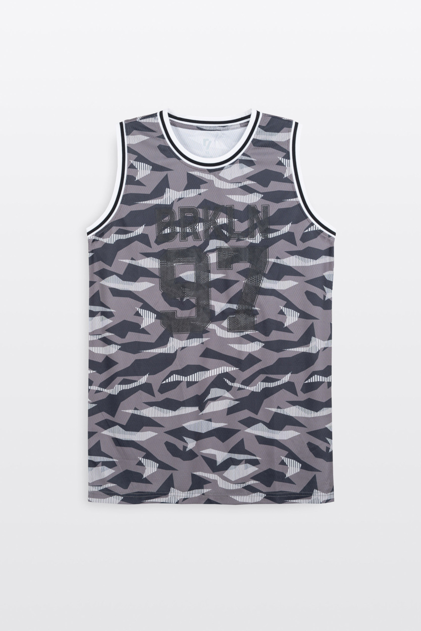 Szary t-shirt bez rękawów w stylu sportowym z nadrukiem na całości