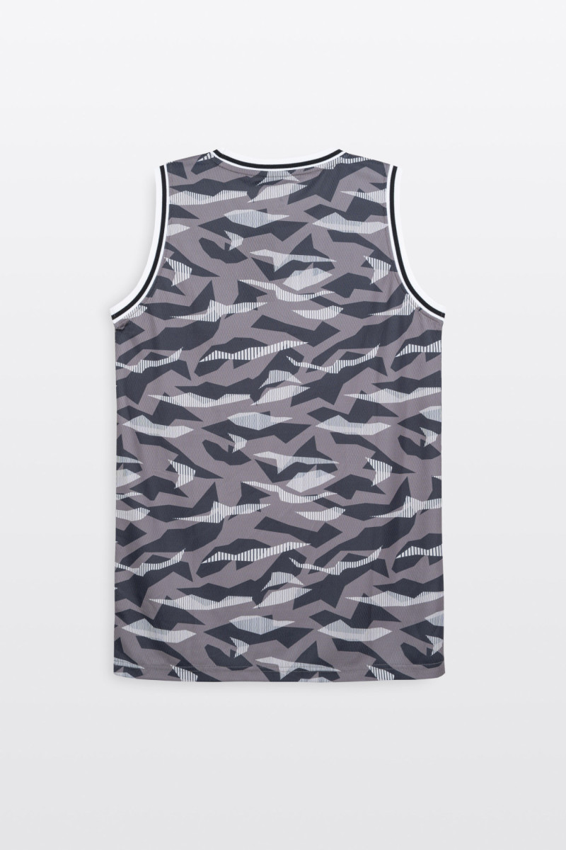 Szary t-shirt bez rękawów w stylu sportowym z nadrukiem na całości