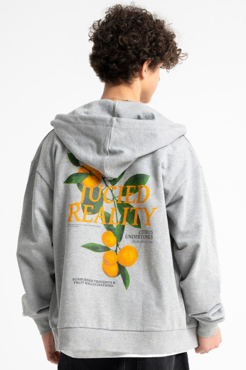 Szara bluza REGULAR z kapturem z autorską grafiką z tyłu