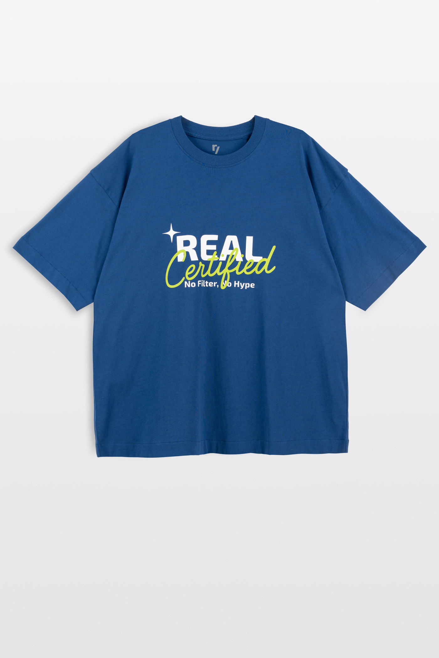 Niebieski t-shirt LOOSE z autorską grafiką z przodu