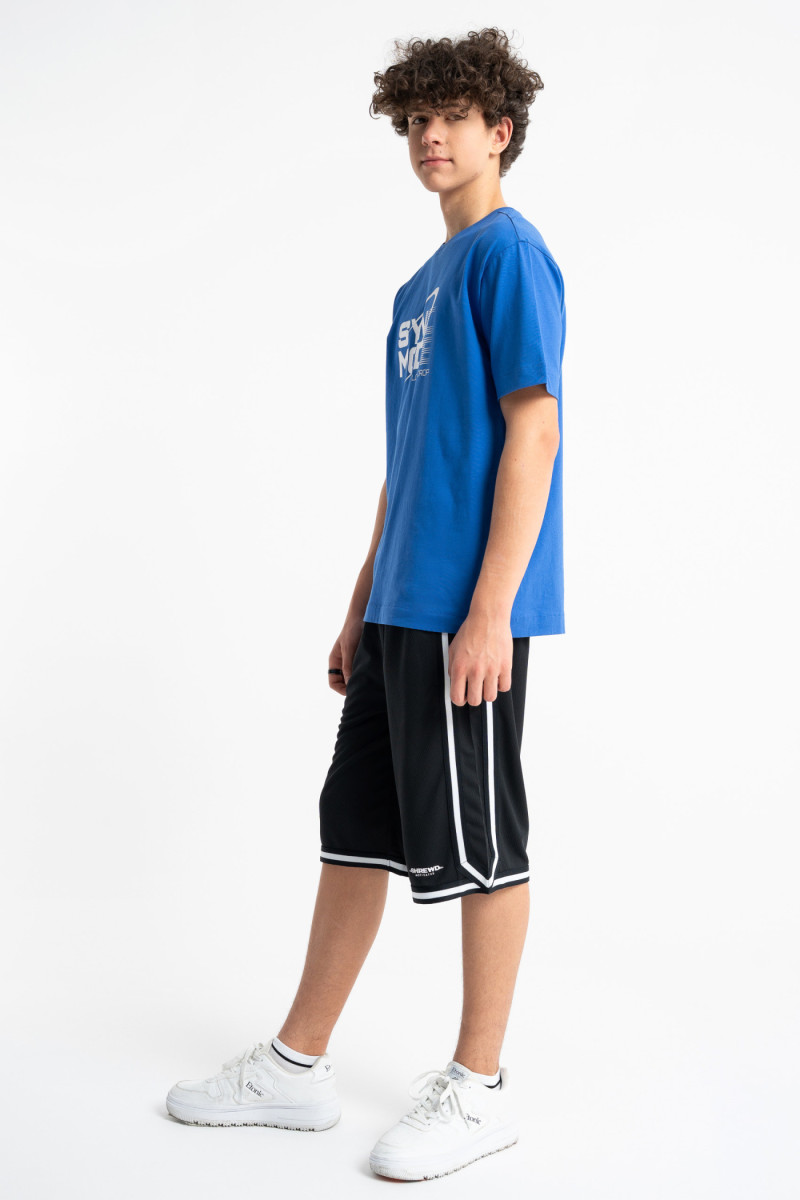 Niebieski t-shirt LOOSE z autorską grafiką z przodu