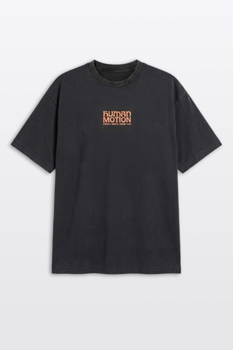 Ciemnoszary t-shirt LOOSE z efektem sprania z autorską grafiką z tyłu
