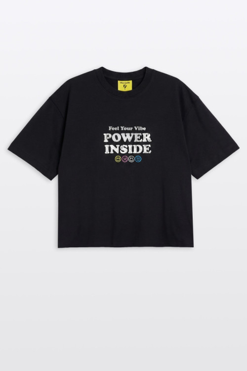 Czarny t-shirt BOXY z autorską grafiką z przodu