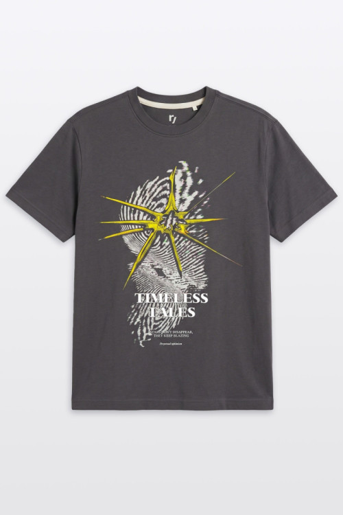 Ciemnoszary t-shirt LOOSE z efektem sprania z autorską grafiką z przodu
