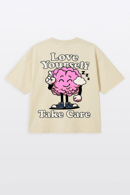 Żółty t-shirt BOXY z autorską grafiką z tyłu
