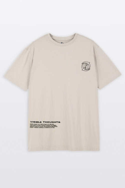 Beżowy t-shirt LOOSE z nadrukami z przodu