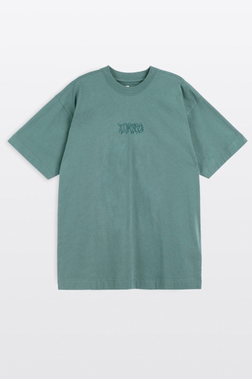 Zielony t-shirt REGULAR z minimalistyczną autorską grafiką z przodu
