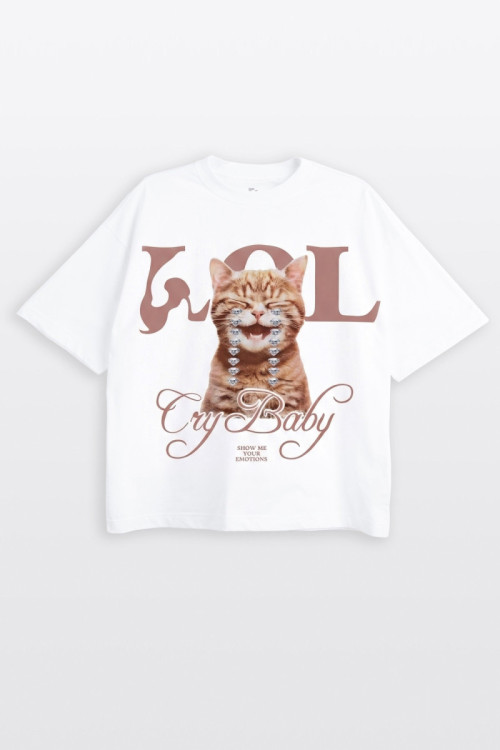 Biały t-shirt BOXY z autorską grafiką z przodu