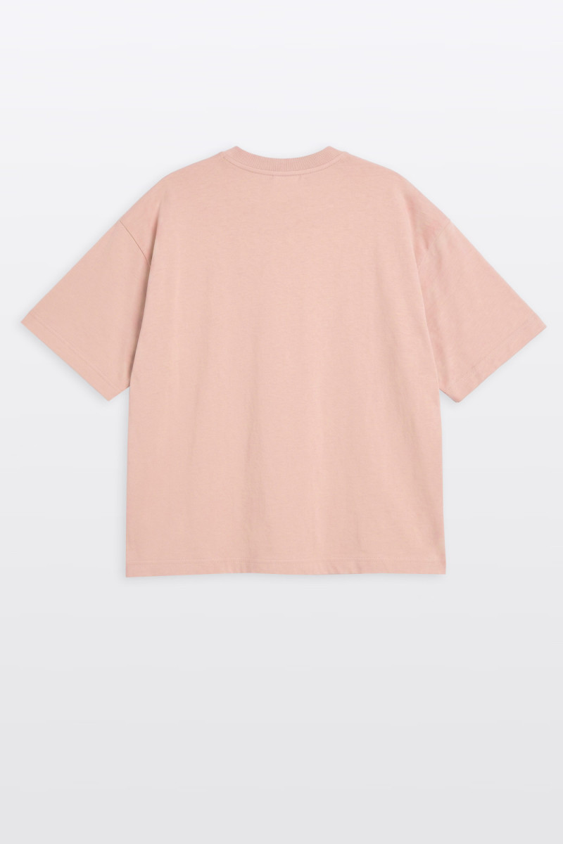 Różowy t-shirt OVERSIZE z minimalistycznym nadrukiem z przodu
