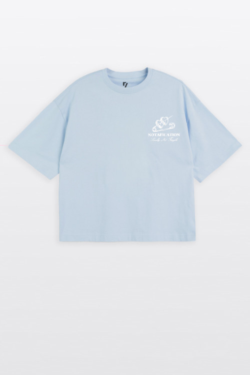 Niebieski t-shirt BOXY z autorską grafiką z przodu