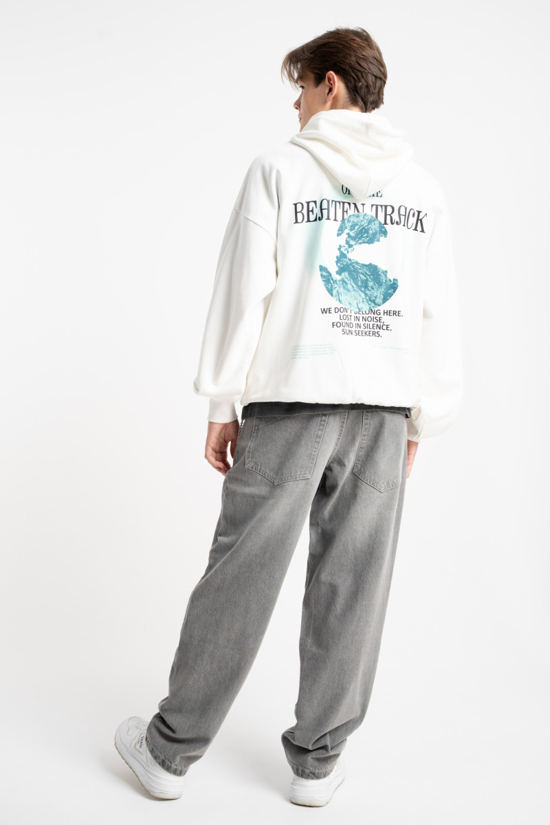 Kremowa bluza LOOSE z kapturem z autorską grafiką z tyłu